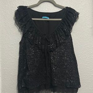 Alice + Olivia black sleeves top S metallic throughout with ruffles and bow